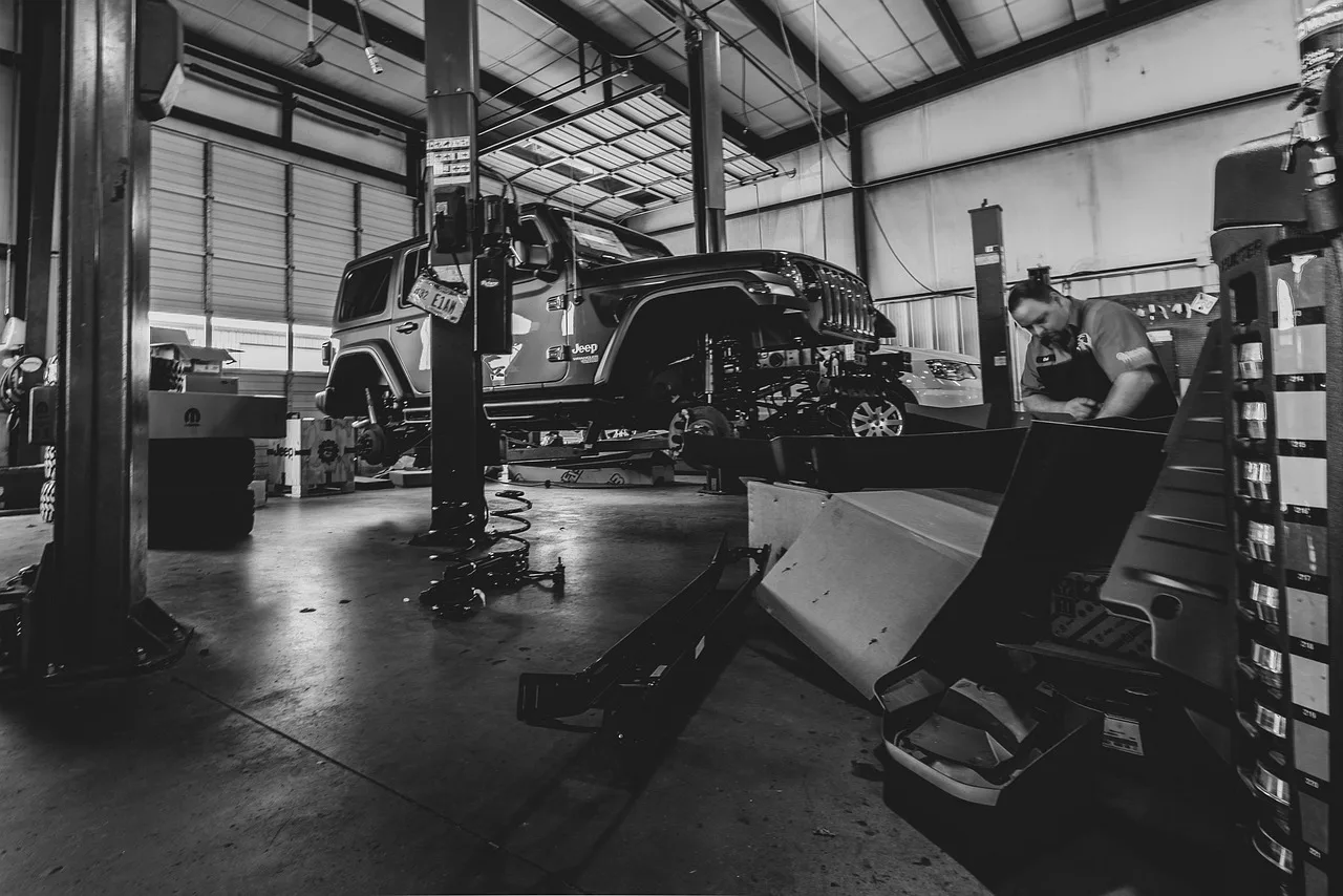 jeep, wrangler, vehicle, car wallpapers, car, auto, american, off-road, 4wd, transportation, lift, repair shop, mechanic, transport, drive, offroad, 4x4, style, b w, black and white, gray shop. How work flows through an auto repair shop