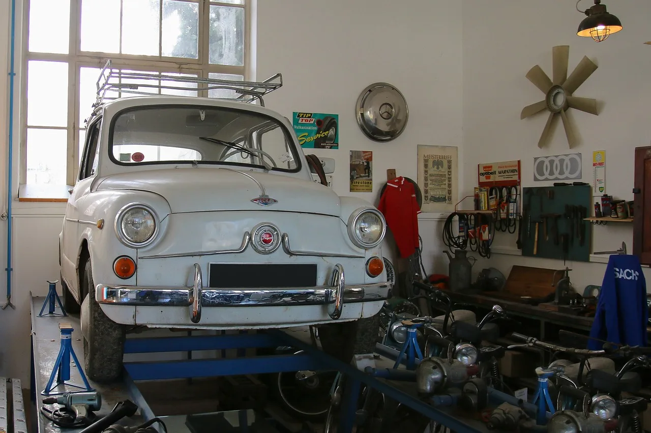 transport, traffic, automobile, vehicle, workshop, auto repair shop, repair, assemble, antique car, lifting platform, historical. Auto repair shop services: a package decision checklist