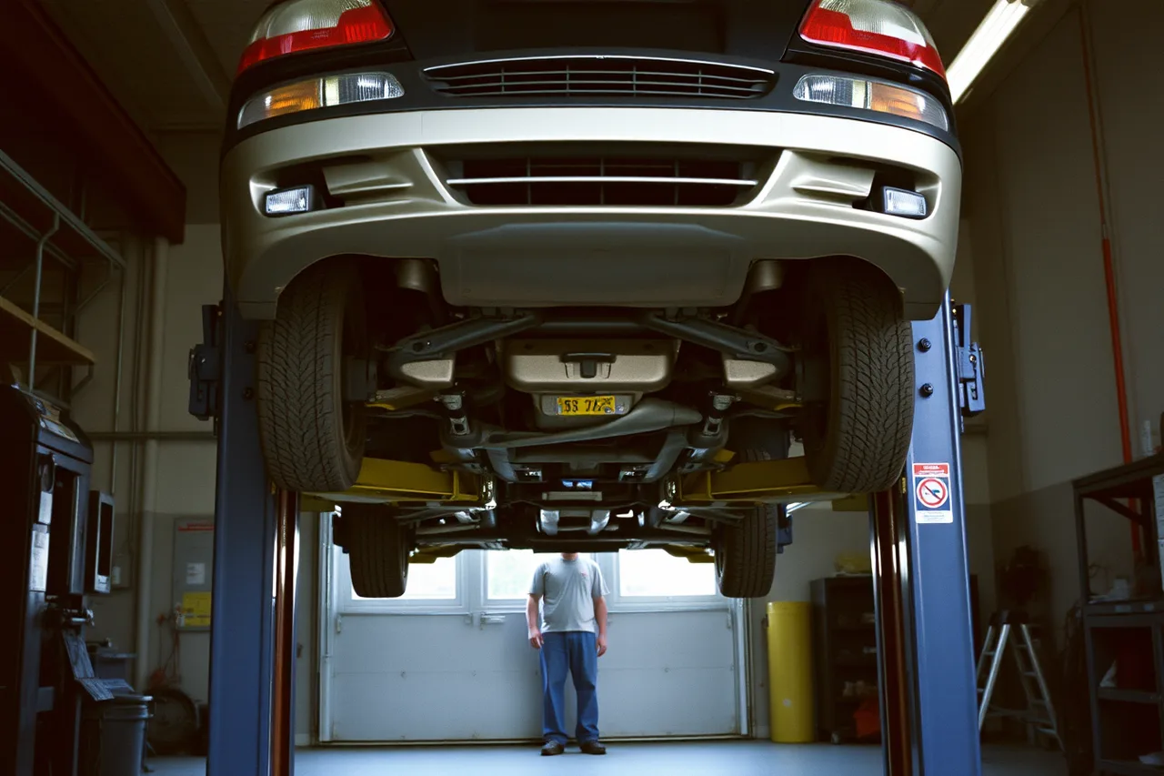 Two-post car lift with vehicle raised in repair bay (Which IRS deductions can an American auto repair shop claim?)
