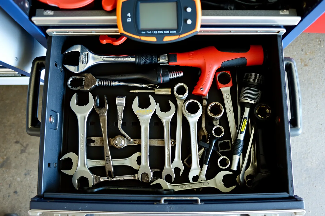 Hand tools and diagnostic scanner in a rolling toolbox (Which IRS deductions can an American auto repair shop claim?)