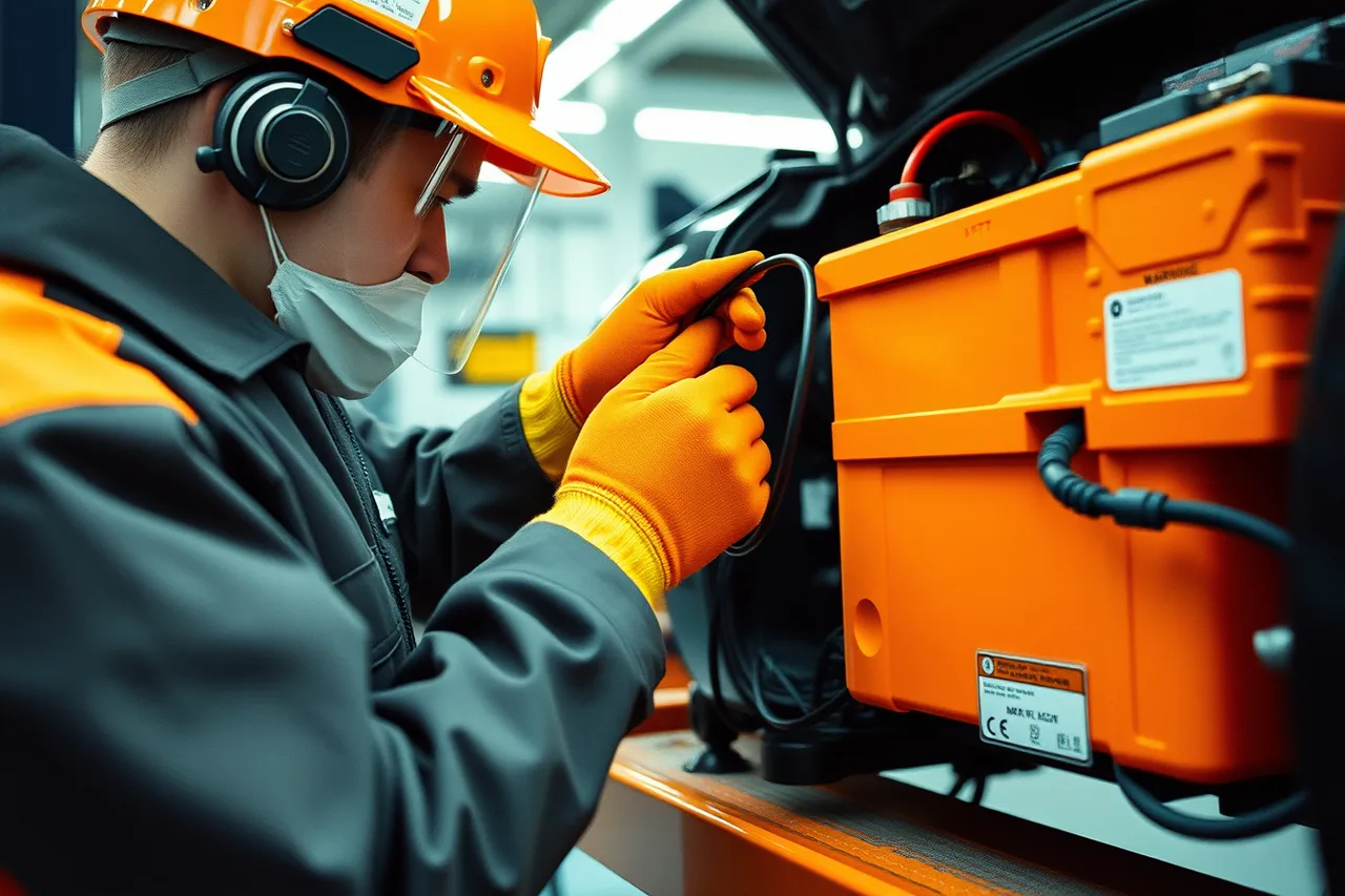 Technician in high-voltage PPE servicing a hybrid vehicle battery pack (What is changing in auto repair shop demand in 2027)