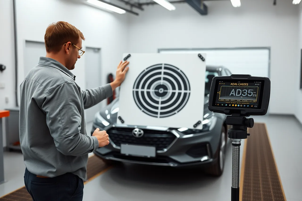 Technician aligning ADAS calibration target in front of a vehicle (What is changing in auto repair shop demand in 2027)