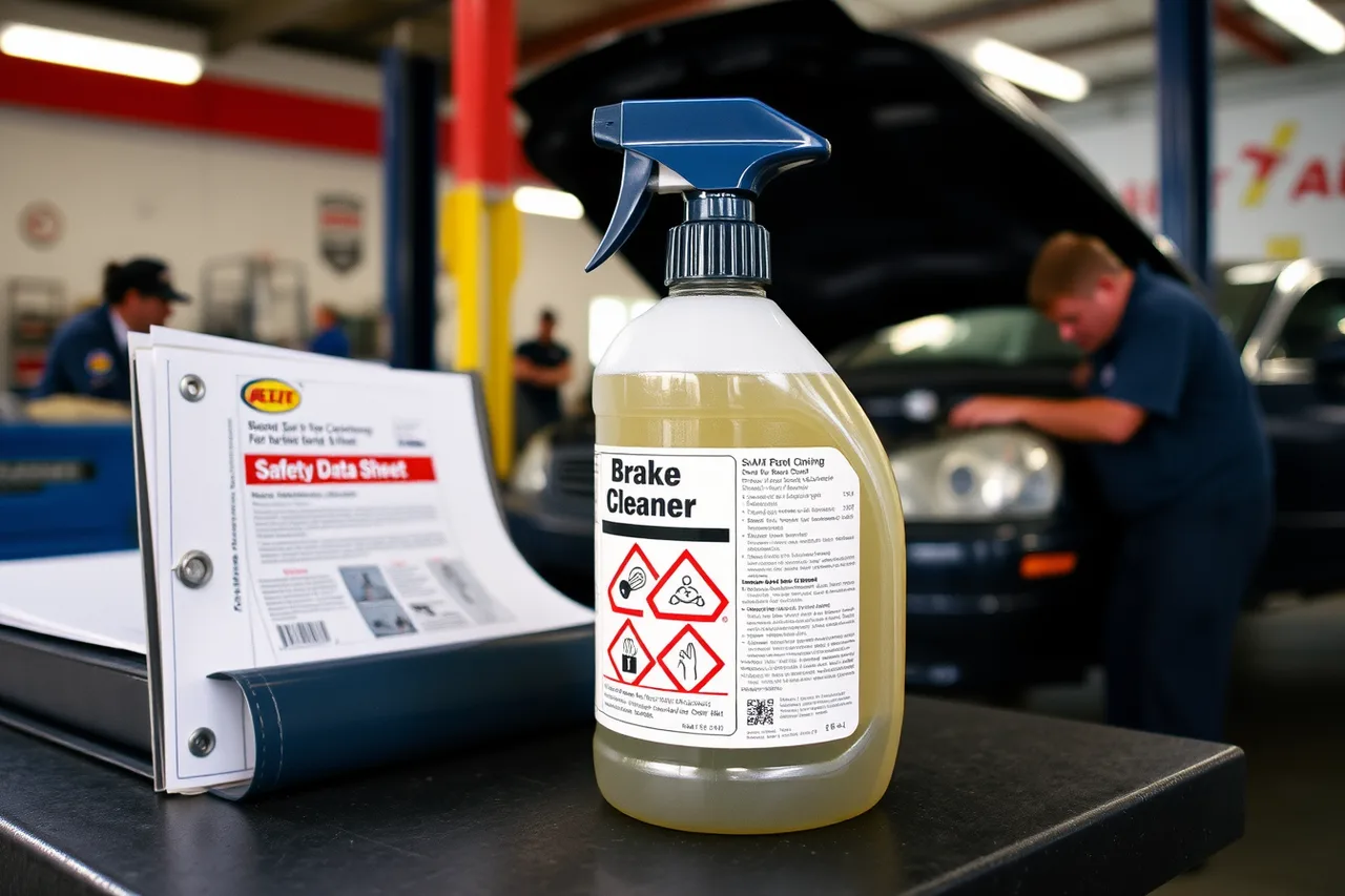 Labelled spray bottle of brake cleaner on a shop bench with SDS binder (How EPA and OSHA rules apply to a US auto shop's daily work)