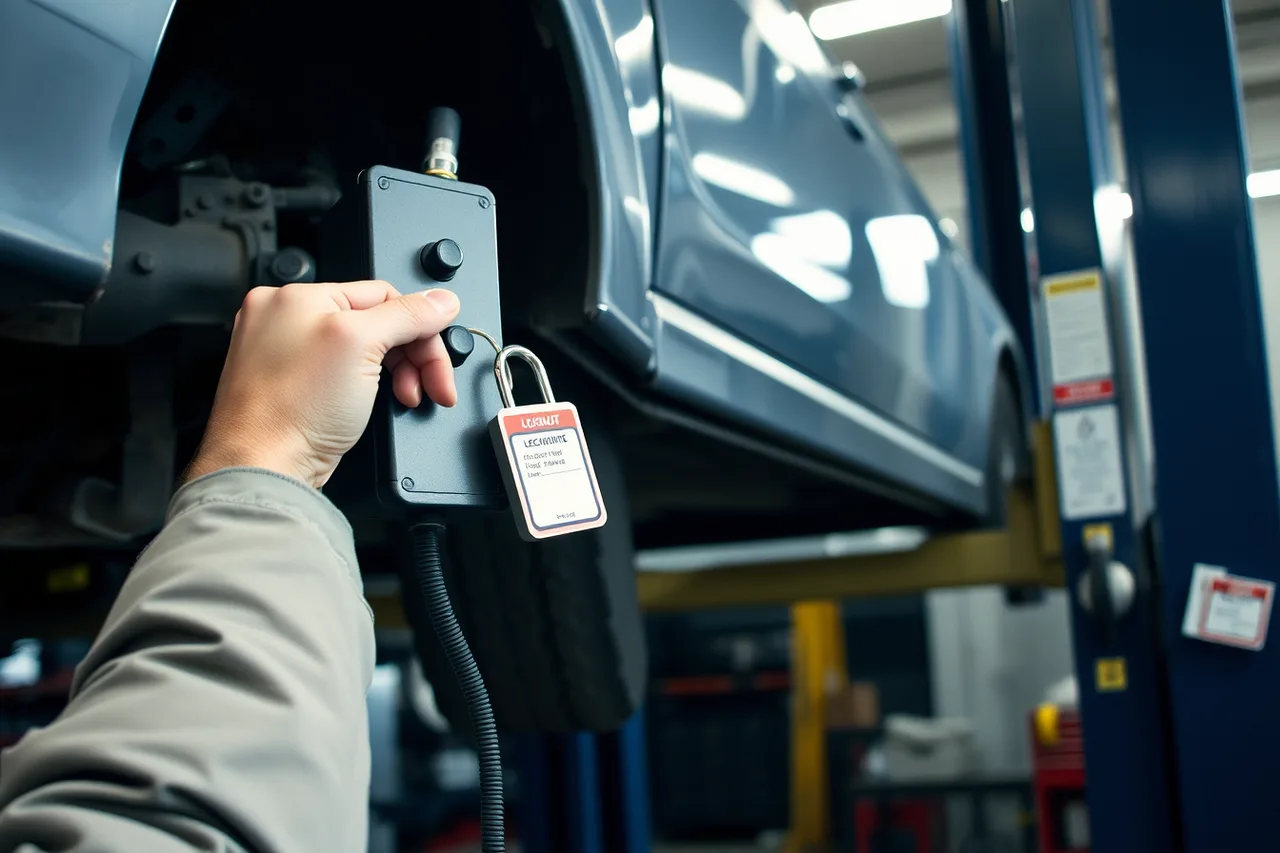 Technician locking out a vehicle lift's power disconnect with a padlock and tag (How EPA and OSHA rules apply to a US auto shop's daily work)