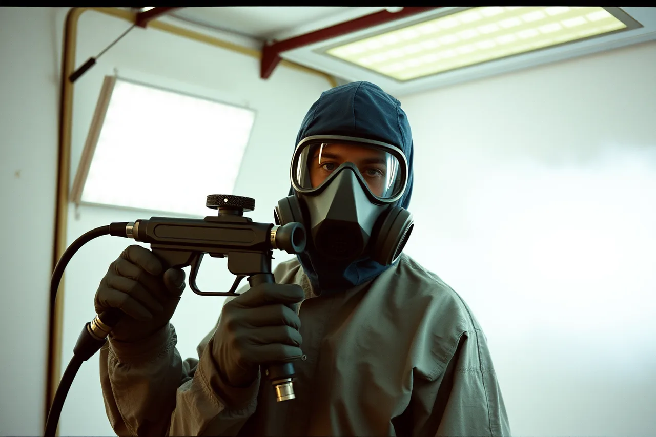Painter in coveralls wearing a fitted respirator while spraying in a booth (How EPA and OSHA rules apply to a US auto shop's daily work)