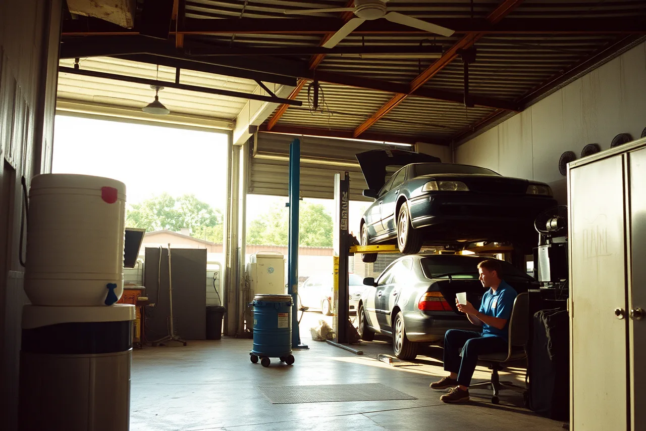 Water cooler and technician resting in shade in a hot repair bay (How EPA and OSHA rules apply to a US auto shop's daily work)