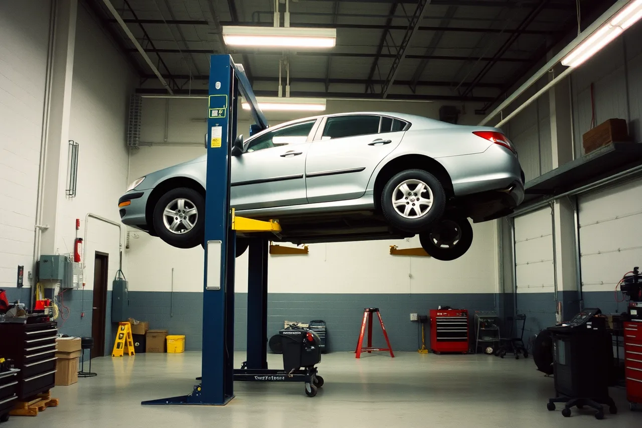 Two-post vehicle lift raising a car in an auto repair bay (Opening an auto repair shop: the decision checks one owner ran through)