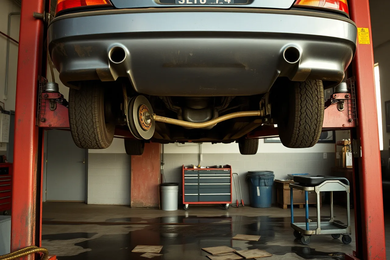 Mechanic inspecting rusted brake line under a car on a lift (What do Miami repair shops see after flood and salt damage?)