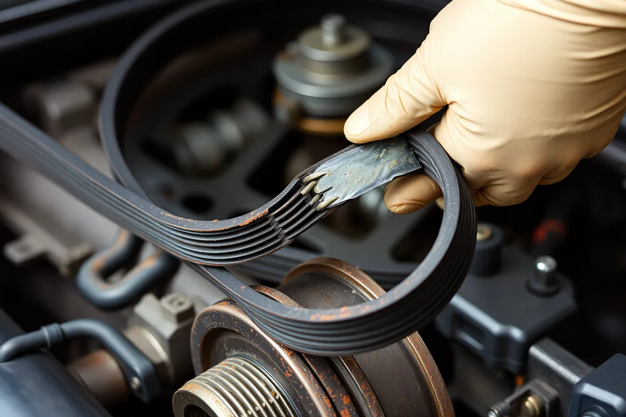 Cracked serpentine belt with missing ribs on a hot engine (A guide to Phoenix heat and the belts, batteries and cooling it wears out)