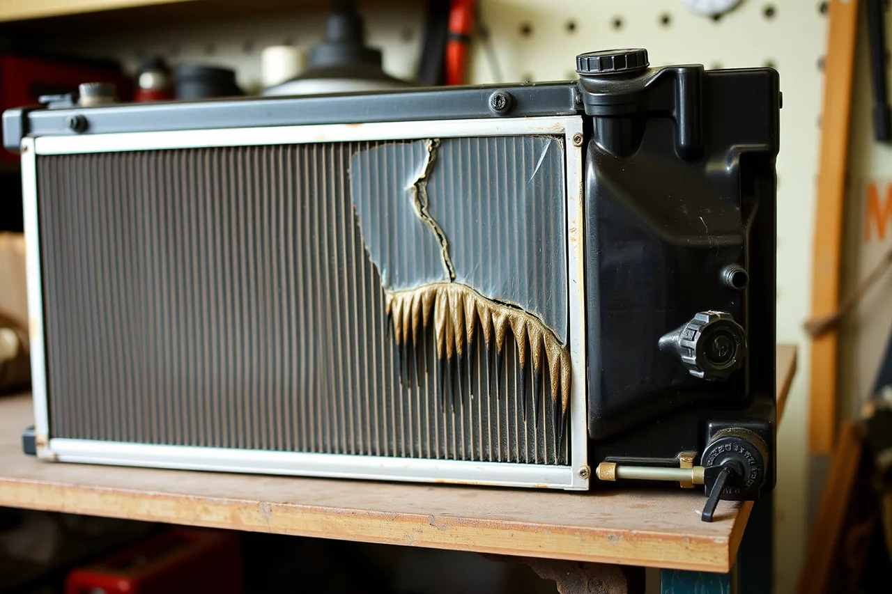 Radiator with cracked plastic end tank and coolant residue (A guide to Phoenix heat and the belts, batteries and cooling it wears out)