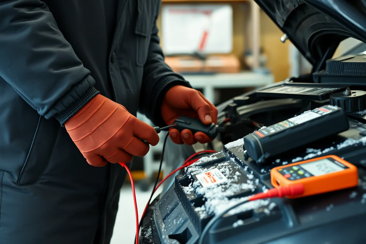 Technician testing a car battery with a conductance tester (Canadian winter prep compared with US northern shop practice)